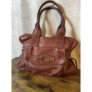 TREESJE Red Maroon Leather Gold‎ Tone Hardware Shoulder Bag Handbag